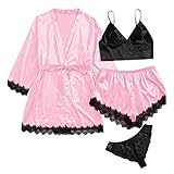 4 Teiliges Satin Pyjama Dessous-Sets, Dessous Frauen Spitze Babydoll Nachtwäsche Nachthemd Set Kimono Damen Morgenmantel Satin Bademantel Seide Roben V Ausschnitt Mit Blumensp