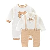 Neugeborene Jungen Einteiler Säugling Langarm Cartoon Bär Jumpsuit Kleidung Gentleman Strampler mit Fliege für, Weiß, 2 Stück, 6-9 M