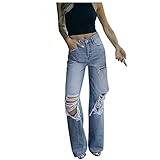 AFFGEQA Damen High-Rise Ripped Stretch Slim Fit Jeans Baggy Jeans Zerrissene Jeans Breites Bein Jeans Loose Gerade Hosen Jeanshosen Streetw