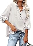 VIGVAN Kapuzenpullover Damen Hoodie Langarm V-Ausschnitt Pullover Knopfleiste Henley Sweatshirt mit Kapuze Kordelzug Oberteil (Weiß,M)