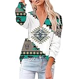 Masrin Bluse im ethnischen Stil Damen Retro Folk Custom Geometrie Motiv Pullover Pulli Tops Oberteile mit Reißverschluss Leiste Revers Langarmshirts Herbst Winter Sweatshirts Elegante schmale Tunik