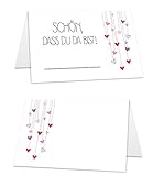 25 premium Tischkarten (8,5 cm x 5,5 cm) weiß mit Herzen und Aufdruck'Schön, dass du da bist!' zum selbst beschriften, Platzkarten ideal für Hochzeit oder Geburtstag