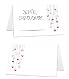 25 premium Tischkarten (8,5 cm x 5,5 cm) weiß mit Herzen und Aufdruck'Schön, dass du da bist!' zum selbst beschriften, Platzkarten ideal für Hochzeit oder Geburtstag