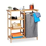 Relaxdays Badregal mit Wäschekorb, Bambus, 4 Ablagen, entnehmbarer Wäschesammler, HBT: 80,5 x 80 x 33,5 cm, natur/g