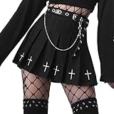 Damen Mädchen Halloween Plissee Miniröcke Kariert Hohe Taille Kurze A-Linie Flare Lace-up Schnürung Punk Gothic Rock (Schwarzes Kreuz Druck, S)