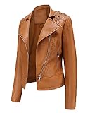 TrusMe Damen Motorradjacke aus Kunstleder, lässiger Mantel, Übergröße, Camel, S