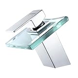 KAIBOR Modern Wasserfall Wasserhahn Bad, Waschtischarmatur Design aus Verchromtem Messing und Transparentem Glas, Einhandmischer Mischbatterie für Badezimmer Waschbeck