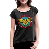 Spreadshirt DC Comics Wonder Woman Logo Used Look Frauen T-Shirt mit gerollten Ärmeln, S, Schw