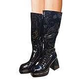 MEITING Damen Glänzende Stiefel Einfarbig High Heels Dicker Absatz Lackleder Reißverschluss Hohe Stiefel Frauen Kniestiefel W