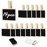 14 Pcs Mini Holz Kreidetafel Clips,TAROME Klein Tafel mit Klammer, Vintage Hochzeit Tafelklammern Abwischbare Memotafel als Tischkarten Schilder Tischdeko für Bar Geburtstag Party
