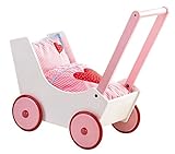 Haba 950 - Puppenwagen Herzen, niedlicher Puppenwagen aus Holz mit mit zweifach verstellbarem Bügel, Matratze, Kissen und Decke, Spielzeug ab 12 M