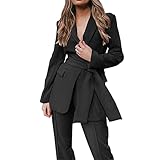 Yassiglia Damen Zweiteiliger Business Anzug Elegant V-Ausschnitt Blazer für Frauen Einfabige Outfits Mantel mit Gürtel Lang Hosenanzug Slim Fit Streetwear für Büro Hochze (Schwarz, Medium)