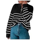 AFFGEQA Damen Gestreifter Colorblock Pullover Reißverschluss Offener Brustpullover Sweatshirt Langarmshirt mit Streifen Rundhals Casual Tshirt Hemd Jumper Bluse Top