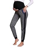 Halffle Frauen Warme Sport Hose Umstands Yogahose über Bauch Schlafanzughose Schwanger mit Seitentasche Locker Lange Gefütterte Umstandshose Grau L
