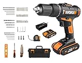 WORX 20V Akku-Schlagbohrschrauber WX371.7, 2,0Ah 2Akkus, PowerShare, 55 Tlg. Zubehörset (Handwerkzeuge und Bohrschrauber), Schlagbohrer 2 Gänge, Koffer, 18+1+1 D