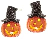 dekoratives herbstliches Dekoobjekt Halloweenkürbis mit Zylinder als LED- Windlicht aus Keramik batteriebetrieben (2 x klein ca. 13 cm hoch)