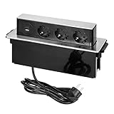 ORNO GM-9014(GS)/B-G Versenkbare Einbau Steckdosenleiste 3-Fach mit 2 x USB 3680W Anschlussfertig mit 2m Kabellänge Schukokabel,Farbe: Schwarz und Silber (3 Steckplätze)