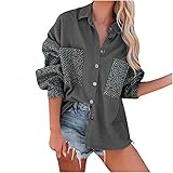 Wave166 Damen Cowboy T Shirts Mantel Mit Patchwork Leopard Taschen Herbst Winter Dünn Mode Jacke Mantel Rundhals Langarmshirt Sportbekleidung