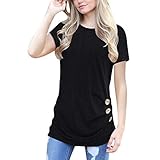 T-Shirt Damen Kurzarm Sommer Casual Einfarbig Tops Rundhals Knopfdesign Lose Shirts Oberteil Knopfleiste Tshirt Basic Solide Tunika Blusen Tees Sweatshirt Pullover H