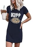 Damen T-Shirt Kleid Baumwolle Kurzarm Sommer Lippenmuster Sommerkleid (8 Dunkelblau-KISS, m)