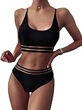 SOLY HUX Damen Bikini Set mit Mesh 2-Teile Bademode Badeanzug Strandmode Hohe Taille Bikinis Schwarz S