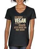 Comedy Shirts - Ich wurde vegan aus Liebe, doch jetzt Hasse ich Fast jeden! - Damen V-Neck T-Shirt - Schwarz/Hellbraun-Beige Gr. L