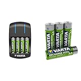 VARTA Plug Ladegerät - LED-Ladeanzeige - Sicherheitsabschaltung - Exklusives VARTA Design & 731 505 Rechargeable Ready2Use Accu Ready2Use vorgeladen AA Mignon NI-Mh Akku (4er Pack, 2600 mAh)