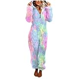 Jumpsuit Damen Kuschelig Pyjama Lange Ärmel Bunte Tie-Dye Overall Winter Warme Plüsch Rompe Mit Ohren Reißverschluss Jumpsuit Nachtwäsche Kapuzen Onesie Flauschige Schlafanzug
