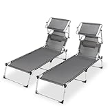 Sekey 2er Set Sonnenliege mit Dach, Aluminium Gartenliege Klappbar mit Kopfstütze für Balkon, Garten, Terrasse, 220 x 71 x 37 cm XL, Innen- und Außen, bis 150 kg Belastbar, Blau & Hellg