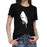 LRWEY Mode Damen T-Shirt Lose T-Shirt Kurzarm Blatt Druck T-Shirt Casual O-Neck Tops, Schwarz , M