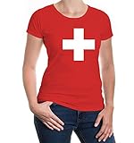 buXsbaum® Damen Kurzarm Girlie T-Shirt Bedruckt Schweizer Kreuz | Ländershirt Flagge Wappen | M, R