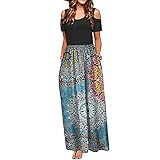 Damen Maxikleider Casual Kurzarm T-Shirt Lange Kleider Schulterfrei Sonnenkleider mit Taschen Mode Print Strandkleider O Ausschnitt Lange Röcke für Damen Gr. XL, b