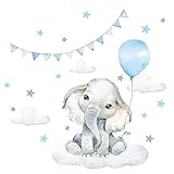 Little Deco Wandsticker Wandtattoo Kinderzimmer Deko Junge Tiere Elefant Ballon Wolken Aufkleber Babyzimmer blau Spielzimmer Wandbild selbstklebend DL684-2