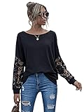 DIDK Damen Bluse mit Spitzenarm Casual Oberteile Langarmshirt Sweatshirt Pulli Rundhals Shirts Basic Schwarz XL