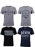 MUSTANG 4er Pack Herren T-Shirt mit Frontprint und Rundhalsausschnitt - Farbmix Blau, Schwarz, Grau und Weiß, Größe:S, Farbe:Farbmix (P14)