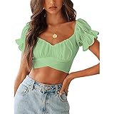 XUNN Damen Tops Mode Sexy Rüschen Kurzarm Binden zurück Crop Schulter Oberteil T-Shirt Frauen B