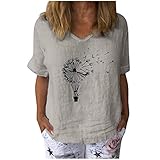 Damen Tops Casual Kurzarm Löwenzahn Bedrucktes T-Shirt V-Ausschnitt Baumwolle Leinen Lose Tunika Bluse (L,Z4 Grau)