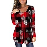 TRIGLICOLEUM Weihnachtspullover Damen Kariertes Hemd mit Schneeflocken Print Blusen Oberteile mit Plissierten Knöpfen Lässiges Langarmshirt Herbst Winter Weihnachten Leichtes Sweatshirt Top