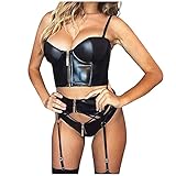 Damen Sexy Dessous Set Wetlook Reizwäsche Reißverschluss Lack Leder Crop Top Tanks mit String Lack und Leder Zip Push Up Corset Top mit Strapse und String Tanga Schw