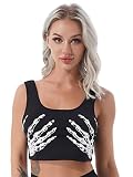 YUUMIN Damen T-Shirt Kurz Bauchfrei Sexy Halloween Skelett Hands Hände Allhalloween Party Kostüm Tief U-Ausschnitt Ärmellos Crop Top Sommer Schwarz S