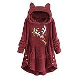 Uhoney Übergroßes Sweatshirt Frauen Casual Drucken Niedliche Katzenohren Plüsch Knöpfe Langarm Kapuzen Plüsch Mantel Winter Herbst Tops Weihnachtspullover, wein, Larg