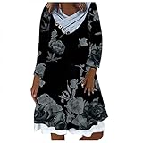 Damen Langarm Kleid Strickkleid Boho Blumenmuster Rundhals Elegant Fake Zweiteiliger Knielang Kleider Shirtkleider Freizeitkleid Pulloverkleid Casual Winterkleid Rollkragen A-Linie Sweater Minik