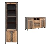 FORTE Clif Vitrine mit 1 Tür, 1 Glastür, Holzwerkstoff, Old – Wood Vintage/Betonoptik Dunkelgrau, 62 x 204,7 x 41,6 cm & Clif Kommode mit 3 Türen und 2 Schubkästen, 156,4 x 86,3 x 41,6