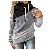 Masrin Damen Sweatshirt Lässig Farbkontrast Patchwork Hoodie Pullover Langarm Loose Tops Bluse mit Kordelzug (XXXL,Schwarz)