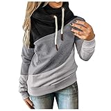 Masrin Damen Sweatshirt Lässig Farbkontrast Patchwork Hoodie Pullover Langarm Loose Tops Bluse mit Kordelzug (XXXL,Schwarz)