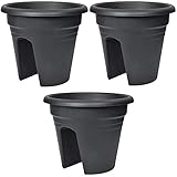 3er Set Balkon-Blumenkasten Blumentopf - inkl.2 Klammern zum befestigen - Rund Ø 30 cm Hängetopf Pflanzentopf Geländertopf, Balkonkasten in tollen Farben inkl. Fixiereinrichtungen (3 x Schwarz)