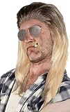 SET aus: Vokuila Perücke + Bart + Goldkette + Pilotenbrille Silber - Prollperücke Vokuhilaperücke Proll Blond Brünette Grau Schwarz 80er 90er Jahre (Blond/Schwarz + Bart + Goldkette + Pilotenbrille)