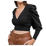 DQANIU Kurze Frauen Herbst und Winter Neue V-Ausschnitt einfarbig Mode Langarmshirts Plissee Streak Puff Sleeve Prinzessin Ärmel Bodycon Pullover B