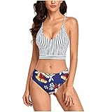 WanWorlder Damen Bademode Bikini Set Ties-up Neckholder Bikinioberteil Zweiteiliger Badeanzug Triangel Gedruckt Niedrige Taille Sport Bikinihose Strandkleidung Tankini Badeanzüge (Blue, XL)