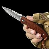 AUBEY Damast Taschenmesser Klein Klappmesser Holzgriff EDC Messer aus Damaststahl Mini Einhandmesser Outdoor Survival Folder Knife, 6 cm Kling